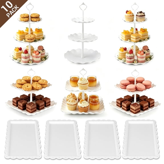 10 PCS Cupcake Stand Set, Plastic Dessert Table Display Set with 2-Tier & 3-Tier Serving Trays and Cake Stands for Party Wedding Birthday, White