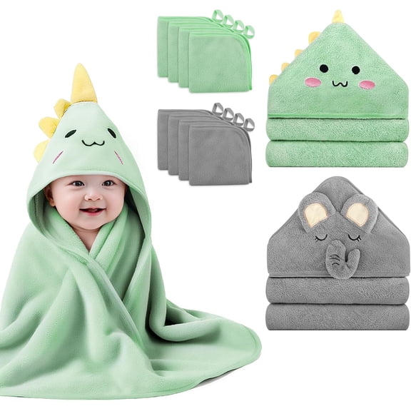 10 PCS Cute Baby Towels Set, 2 PCS Soft Baby Hooded Towels & 8 PCS Washcloths, Baby Bath Towels for Newborns, Infants & Toddlers, Ultra Absorbent, Cute Baby Towel Gift for Boys & Girls