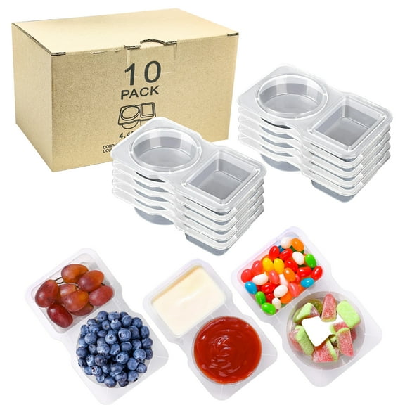 10 PCS Double Condiment Container with Lid - Disposable & Leak-Proof Double Compartment Plastic Container for Sauce Snack and Take-out Sauces
