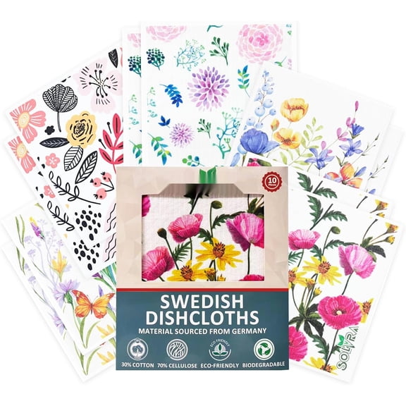 10 PCS Flower Print Swedish Dishcloths Kitchen, 100% Biodegradable, Reusable Cellulose Sponge Cloths, Ultra Absorbent, Eco Friendly Cleaning Towels Dishcloths Washing Dishes & General Cleaning