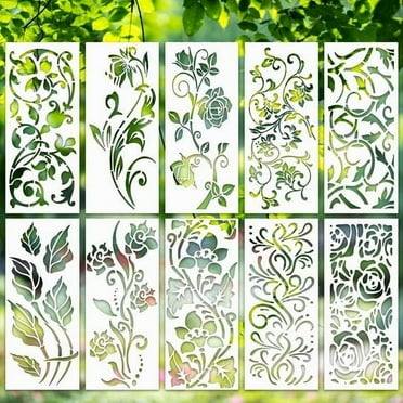 10 PCS Garden Fence Large Flower Stencils-DIY Decoration, Reusable Floral Stencil for Painting on Wood Walls Fence Pattern, Hollow Out Leaf Texture Paint Crafts Stencils