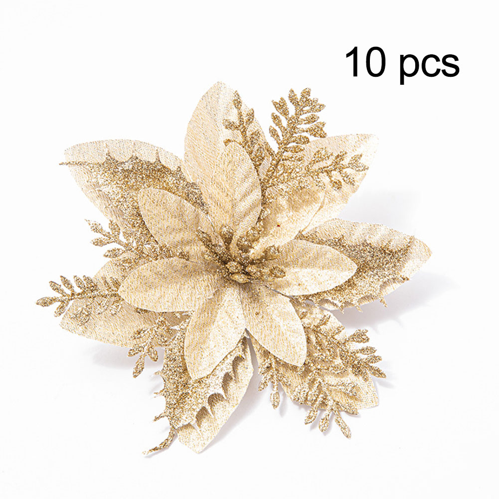 10 PCS Glitter Poinsettia Artificial Christmas Flowers with Clips and