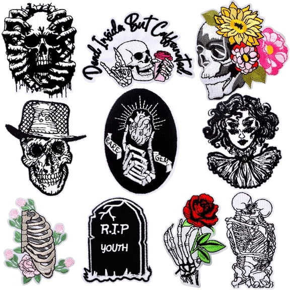 10 PCS Goth Embroidered Iron-On Patches for Clothes Funny Punk Horror Skull Skeleton Hand Finger Rose Flower Sewing for Clothes Hat Backpack Jeans Jackets