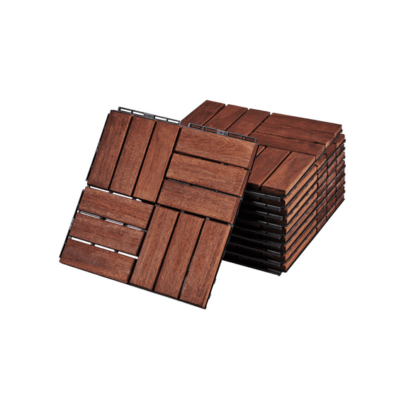 10 PCS Interlocking Deck Tiles, 12" x 12" A-cacia Wood Floor Tiles, Waterproof Outdoor Flooring for All Weather Use - Patio, Backyard, Poolside (Brown)