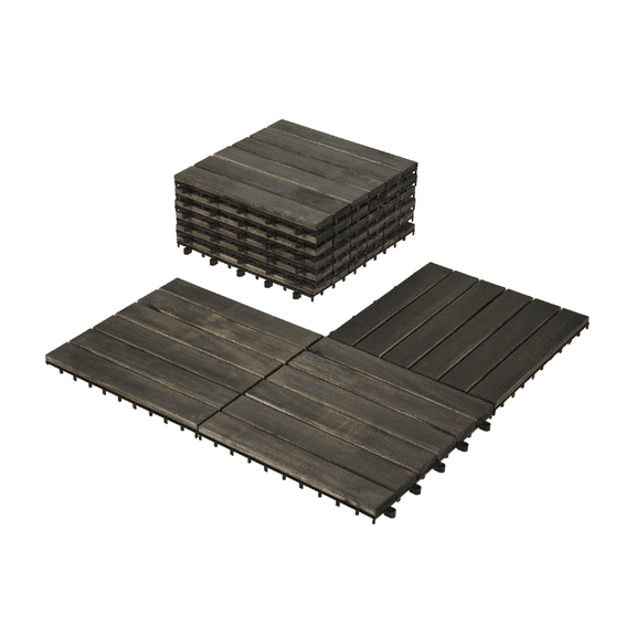 10 PCS Interlocking Deck Tiles, 12" x 12" A-cacia Wood Floor Tiles, Waterproof Outdoor Flooring for All Weather Use - Patio, Backyard, Poolside, Striped Pattern (Dark Brown)