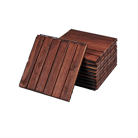 10 PCS Interlocking Deck Tiles, 12"x12" Square Acacia Hardwood Outdoor Flooring for Patio, Balcony, Poolside, Easy Installation,Striped Pattern