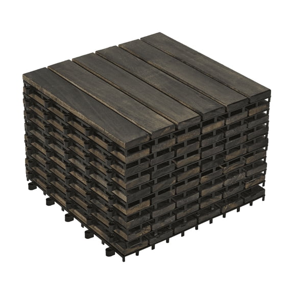 10 PCS Interlocking Deck Tiles Striped Pattern, 12" x 12" Dark Brown Square Acacia Hardwood Outdoor Flooring for Patio, Bancony, Pool Side,...