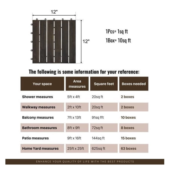 10 PCS Interlocking Deck Tiles Striped Pattern, 12" x 12" Dark Brown Square Hardwood Outdoor Flooring for Patio, Bancony, Pool Side