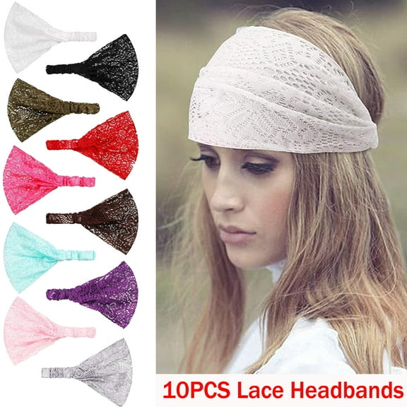 10 PCS Lace Elastic Headwrap Lace Elastic Headbands Boho Bandana Bohemian Headband Hair Accessories for Women Girls, Random Colors