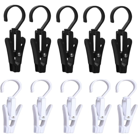 10 PCS Laundry Hooks with ClipsClothes pins360 Rotating Hook Clips, Hangers Clip Socks Curtain Towels Bathroom Closet Kitchen Office (Black and White)