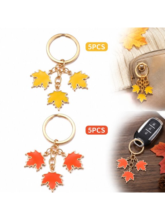10 PCS Maple Leaf Keychain, 2-Color Autumn Bag Charm with Golden Ring for Purse & Key, Bright Red & Yellow