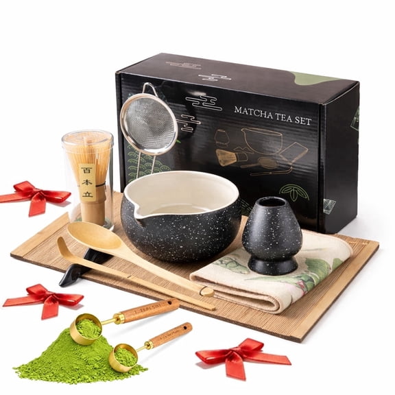 10 PCS Matcha Set with Ceramic Bowl, Matcha Whisk Set Bamboo Whisk, Scoop, Sifter, Whisk Holder, Scoop Rest, Cleaning Cloth, Glass Measuring Cup and Bamboo Mat Matcha Tea Set
