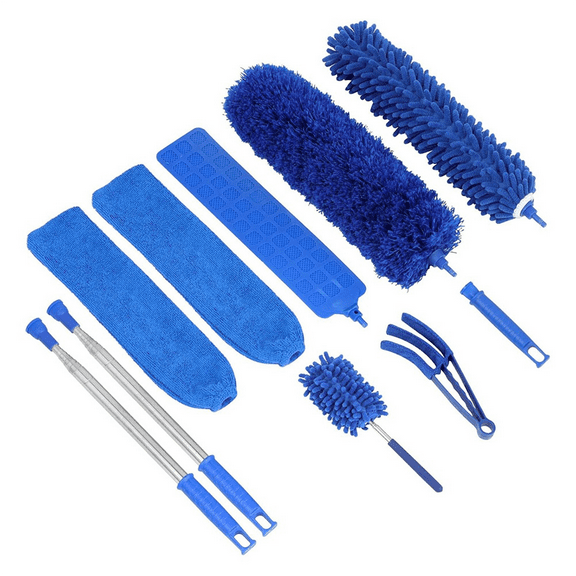 10 PCS Microfiber Cobweb Duster with Extension Pole , Washable Dusters for Ceiling Fan Bendable Feathers Duster,2 * telescopic rods 1 * short handle 7 * replacement heads,Blue