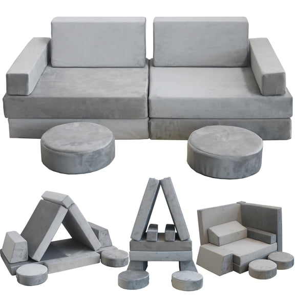 10 PCS Modular Kids Play Couch, DIY Convertible Foam Sectional Sofa for Toddlers, Soft Floor Cushion Play Furniture, Creative Play Fort for Boys Girls, Ideal for Bedroom Playroom
