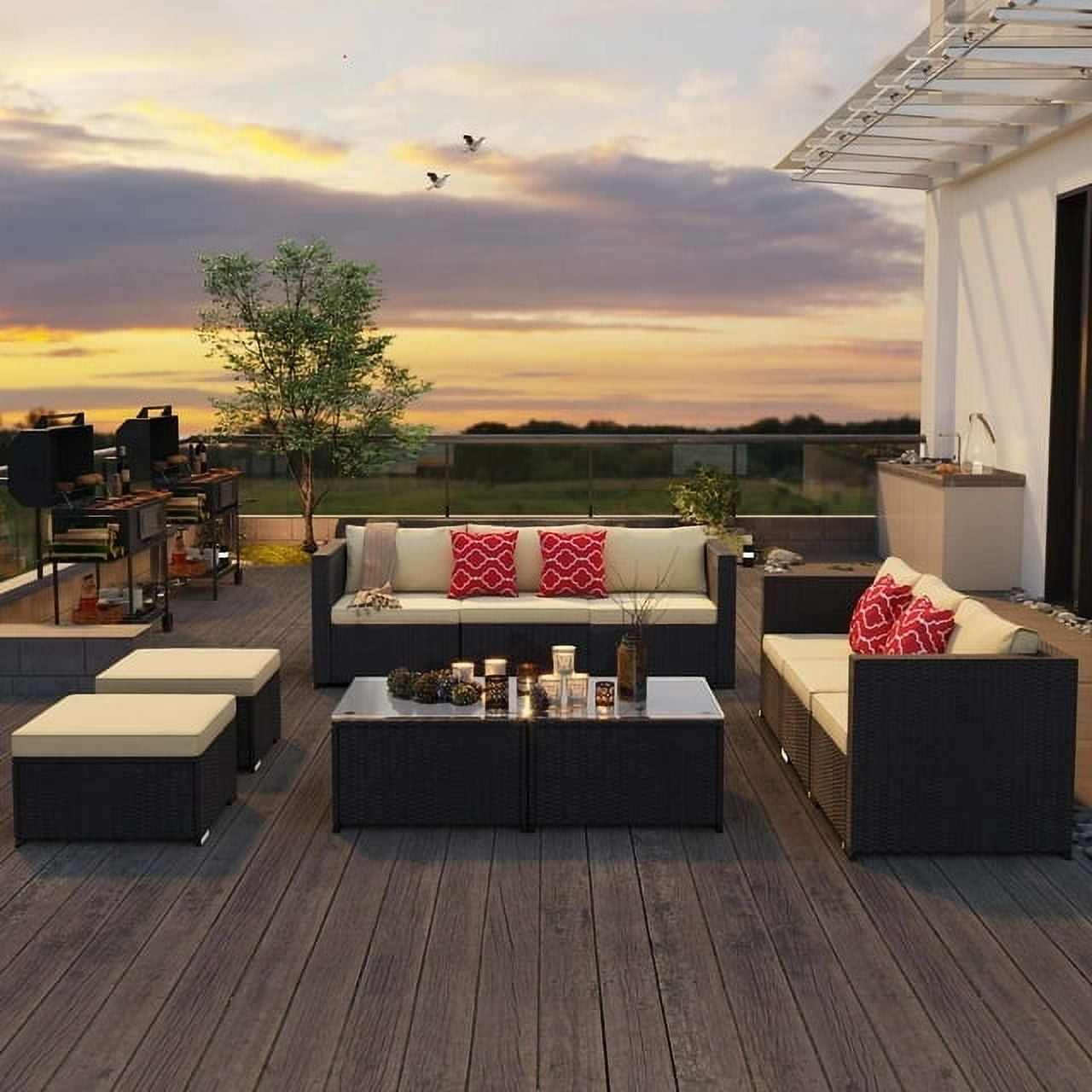 Patio Furniture Set, 7 Pieces Outdoor Conversation Set with Rattan Sectional Sofa, Glass Bistro Coffee Table for Garden Backyard, Gray Removable Cushion