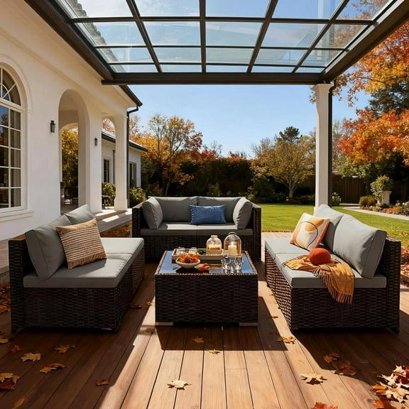 Patio Furniture Set, 7 Pieces Outdoor Conversation Set with Rattan Sectional Sofa, Glass Bistro Coffee Table for Garden Backyard, Gray Removable Cushion