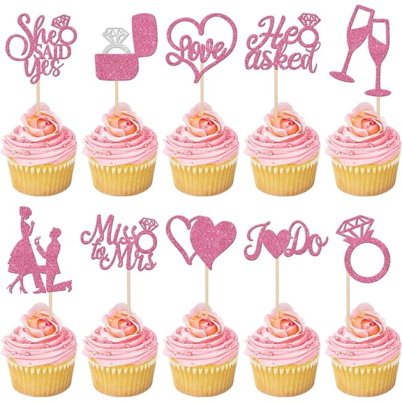 10 PCS Pink Glitter "She Said Yes" Engagement Cupcake Toppers for Bridal Shower Decorations