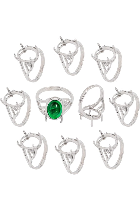 10 PCS Platinum 4 Claws Ring Blank Adjustable Brass Finger Ring Components Prong Ring Settings for 11mm Oval Gemstones Cabochon Setting DIY Jewelry Making