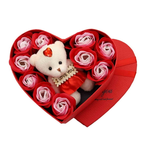 10 PCS Preserved Rose Cute Bear Birthday Gifts for Women,Artificial Red Roses in a Heart Shape Box I Love You Card for Mothers' Day, Valentine's Day, Christmas, Birthday