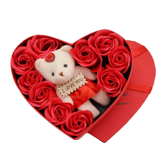 10 PCS Preserved Rose Cute Bear Birthday Gifts for Women,Artificial Red Roses in a Heart Shape Box I Love You Card for Mothers' Day, Valentine's Day, Christmas, Birthday