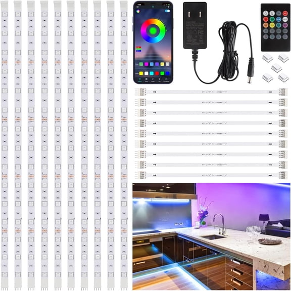 10 PCS RGB Cabinet Lighting Kit, App and Remote Control Led Strip Lights, Music Sync Color Changing Lights with ETL Listed Power Adapter, for Cabinet, Counter, Shelf, 16.4ft