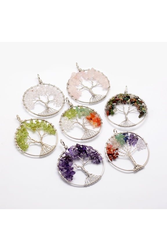 10 PCS Random Mixed Color Gemstone Big Pendants Flat Round Tree of Life Gemstone Pendant DIY for Necklace Jewelry Making