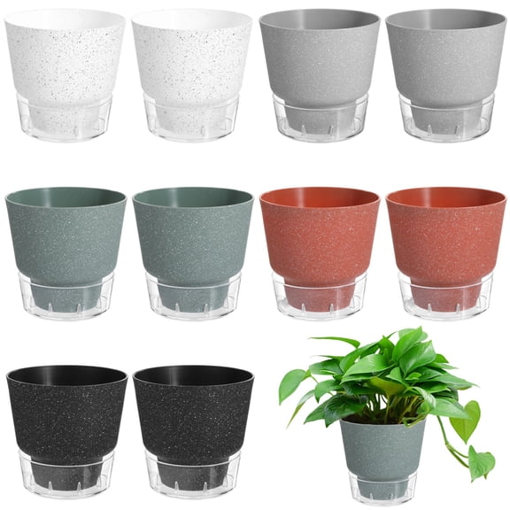 10 PCS Self Watering Planters, 6 in Succulent Pots with Wick Rope & Clear Saucer Reservoir, White Plastic Flower Pots for Home Office