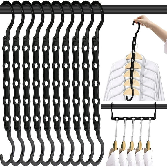 10 PCS Space Saving Hangers, 5-Hole Magic Hangers - Sturdy Plastic Hanger, Closet Organizers for Clothes Storage, College Dorm Essentials, Home Organization (Black)