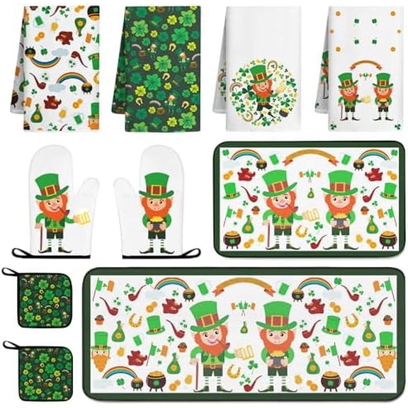 10 PCS St Patricks Day Kitchen Decor Accessories Sets Shamrock  Clover Kitchen Towels Irish Leprechaun Oven Mitts Pot Holders Rug Mat Decoration for Cooking Baking Bathroom Home Camp Spring Gift