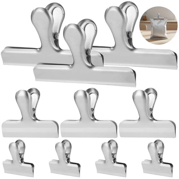 10 PCS Stainless Steel Chip Bag Clips, 3 Sizes Food Bag Clamps for Air Tight Seal, Metal Kitchen Clips for Coffee Bread Snacks, Large Medium Small Assorted Set for Kitchen Coffee Corner Pantry