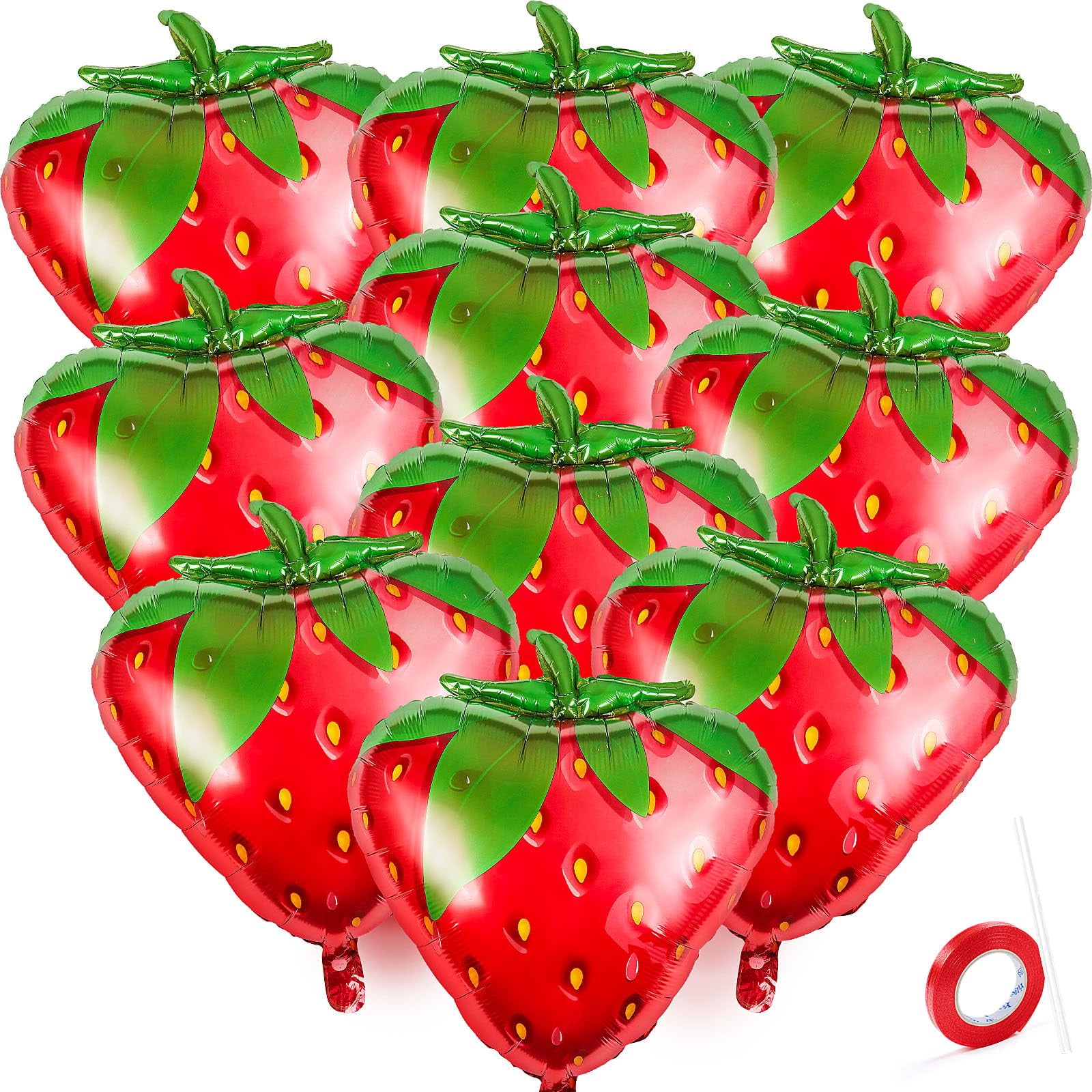 10 PCS Strawberry Balloons, 28 Inch Strawberry Foil Balloons with