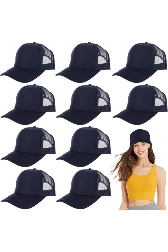 10 PCS Sublimation Blank Trucker Hats, Polyester Mesh Trucker Hats for Men Women, Unisex Mesh Baseball Snapback Caps, Large Blank Front Panel, Adjustable Plastic Closure Blue