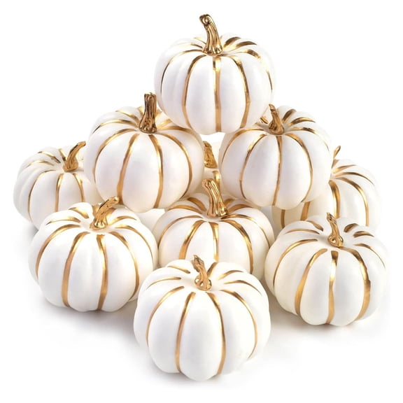 10 PCS White Foam Pumpkins with Gold Lines Mini Decorative Fall Halloween Set
