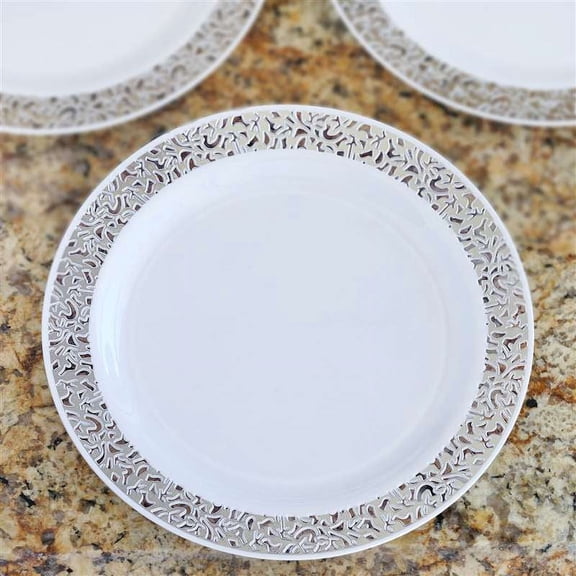10 PCS White & Silver Trimmed 10.25" Lace Plastic Round Disposable Plate Event
