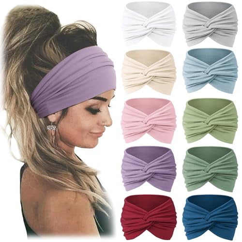10 PCS Women Headbands African Wide Hair Wrap Extra Turban Head Bands for Lady Large Sport Workout Stretch Non-slip Big Hair Bands purple