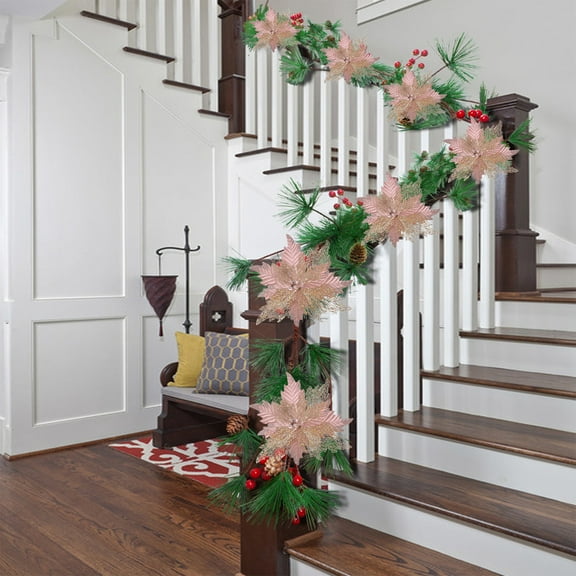 10 PCSChristmas Artificial Glitter Poinsettia Flowers Xmas Flowers Wedding Christmas Tree New Year Ornaments (Pink)