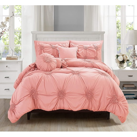 "10-PIECE Bed-in-a-Bag Sunflower Comforter Set, Silky Soft Complete Comforter Set Includes Bed Sheet Set with Double Sided Storage Pockets Featured, Full/Queen, Dusty Rose"