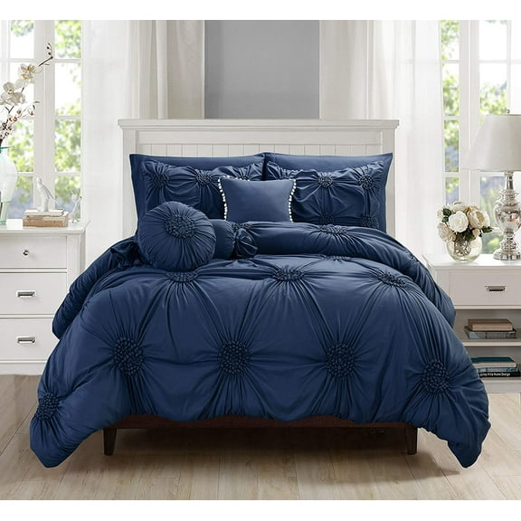 10-PIECE Bed-in-a-Bag Sunflower Comforter Set, Silky Soft Complete Comforter Set Includes Bed Sheet Set with Double Sided Storage Pockets Featured, Full/Queen, Navy Blue