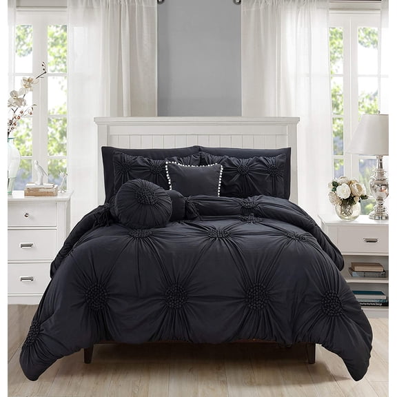 10-PIECE Bed-in-a-Bag Sunflower Comforter Set, Silky Soft Complete Comforter Set Includes Bed Sheet Set with Double Sided Storage Pockets Featured, King/Cal King, Black