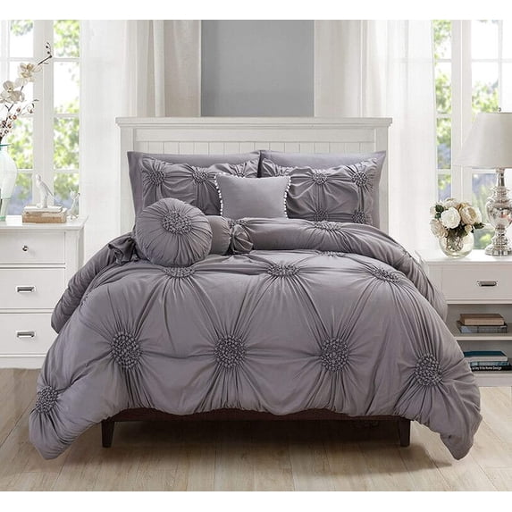 10-PIECE Bed-in-a-Bag Sunflower Comforter Set, Silky Soft Complete Comforter Set Includes Bed Sheet Set with Double Sided Storage Pockets Featured, King/Cal King, Grey