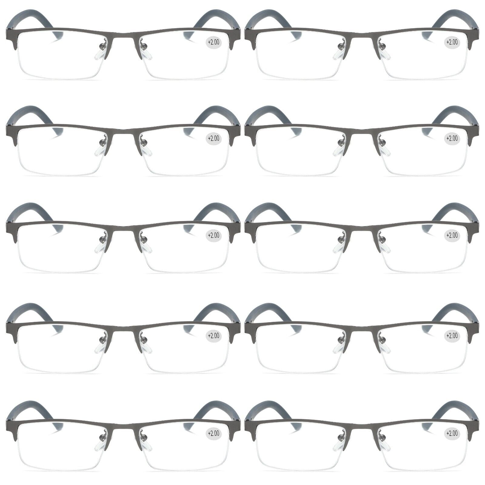 10 PK Men's Blue Light Blocking Reading Glasses - Rectangular Metal Half-Frame - Spring Hinge Readers +0.75