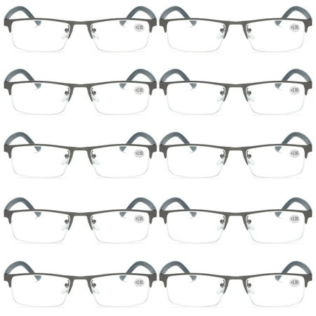 10 PK Men's Blue Light Blocking Reading Glasses - Rectangular Metal Half-Frame - Spring Hinge Readers +0.75