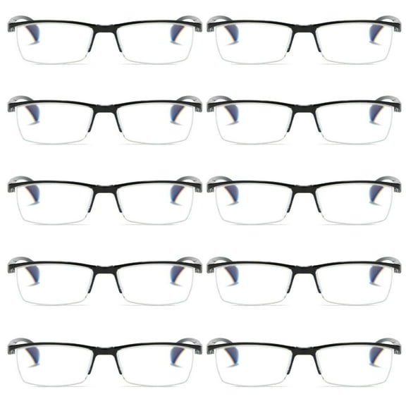 10 PK Mens Reading Glasses Readers - Rectangular Half-Frame - Lightweight & Spring Hinge - Block Harmful Blue Light +1.75