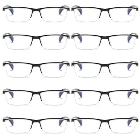10 PK Mens Reading Glasses Readers - Rectangular Half-Frame - Lightweight & Spring Hinge - Block Harmful Blue Light +2.00