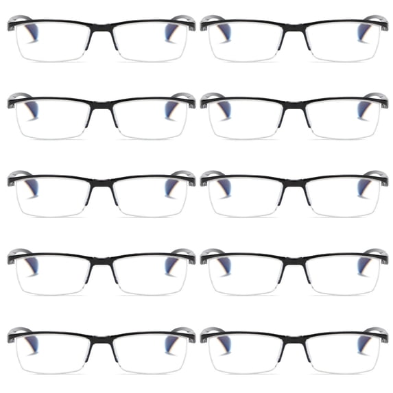 10 PK Mens Reading Glasses Readers - Rectangular Half-Frame - Lightweight & Spring Hinge - Block Harmful Blue Light +2.25