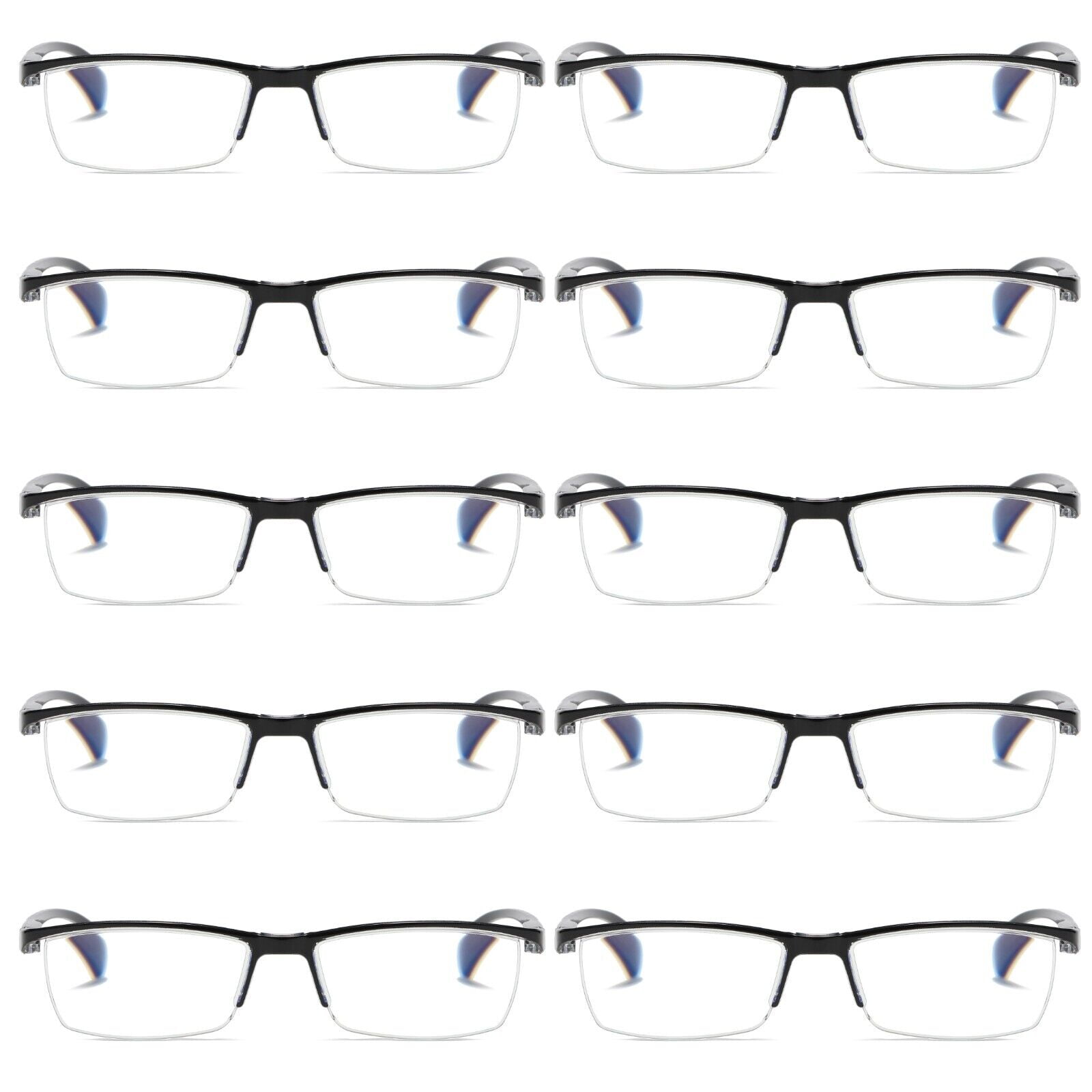 10 PK Mens Reading Glasses Readers - Rectangular Half-Frame - Lightweight & Spring Hinge - Block Harmful Blue Light +2.50