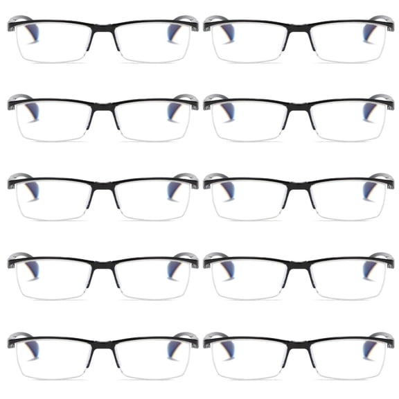 10 PK Mens Reading Glasses Readers - Rectangular Half-Frame - Lightweight & Spring Hinge - Block Harmful Blue Light +2.50