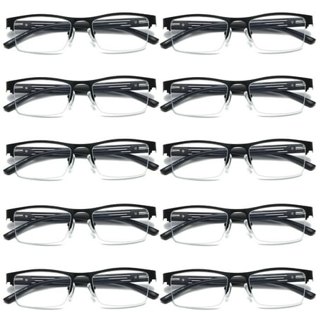 10 PK Mens Reading Glasses Spring Hinge - Square Metal Half-Frame - Blue Light Blocker Readers +2.00