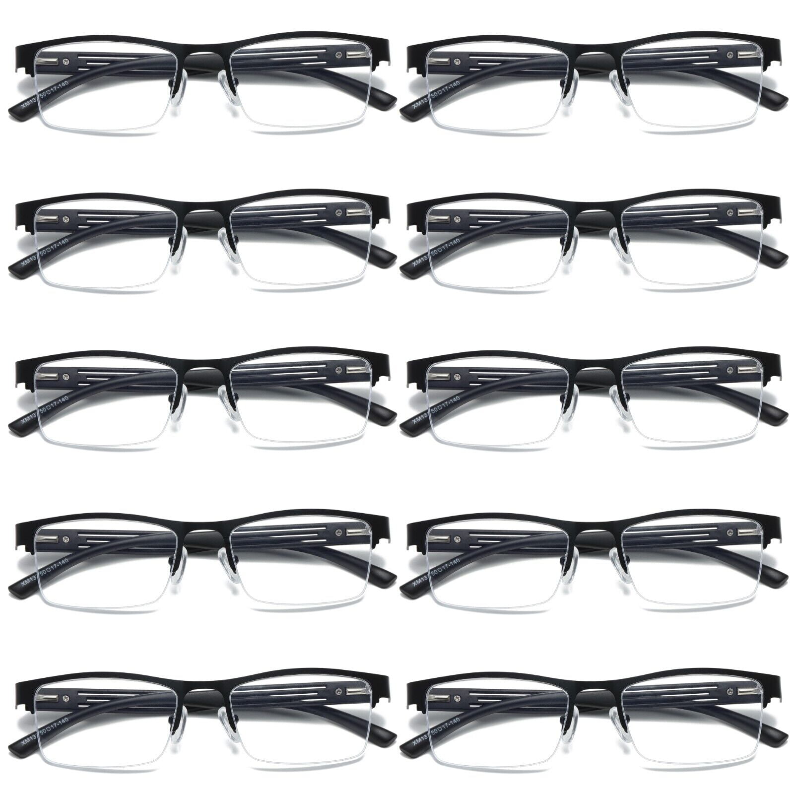 10 PK Mens Reading Glasses Spring Hinge - Square Metal Half-Frame - Blue Light Blocker Readers +4.00