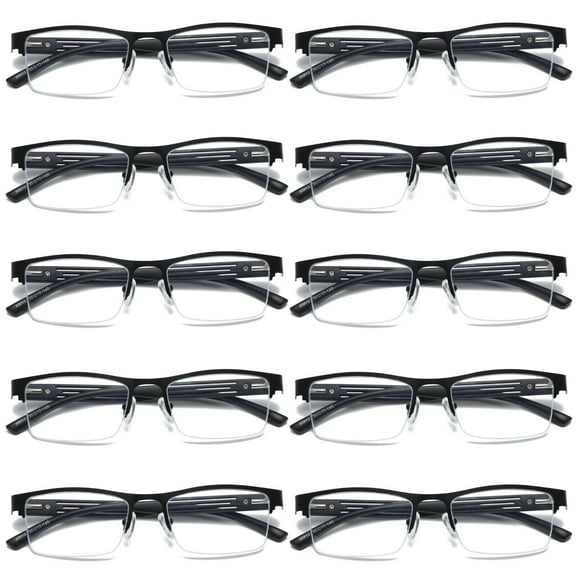 10 PK Mens Reading Glasses Spring Hinge - Square Metal Half-Frame - Blue Light Blocker Readers +4.00